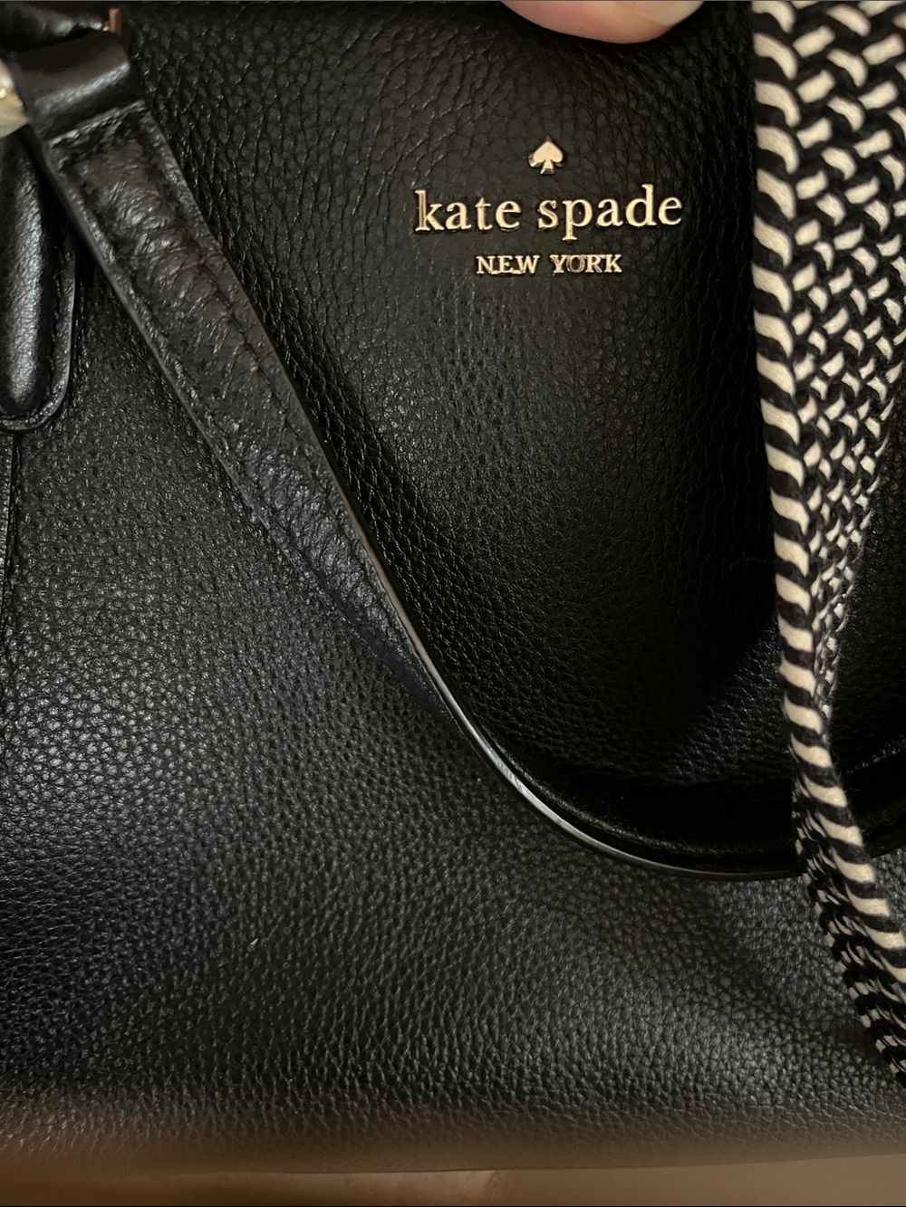 kate spade Black Pebbled Leather Shoulder Bag with Black-and-White Woven Strap - Picture 2 of 16